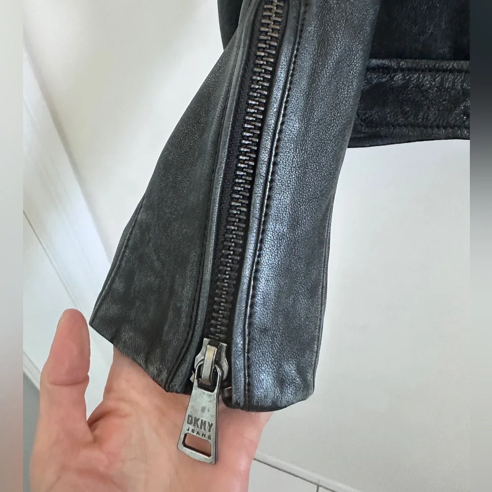 DKNY Jeans Charcoal Leather Moto Jacket - Picture 11 of 16
